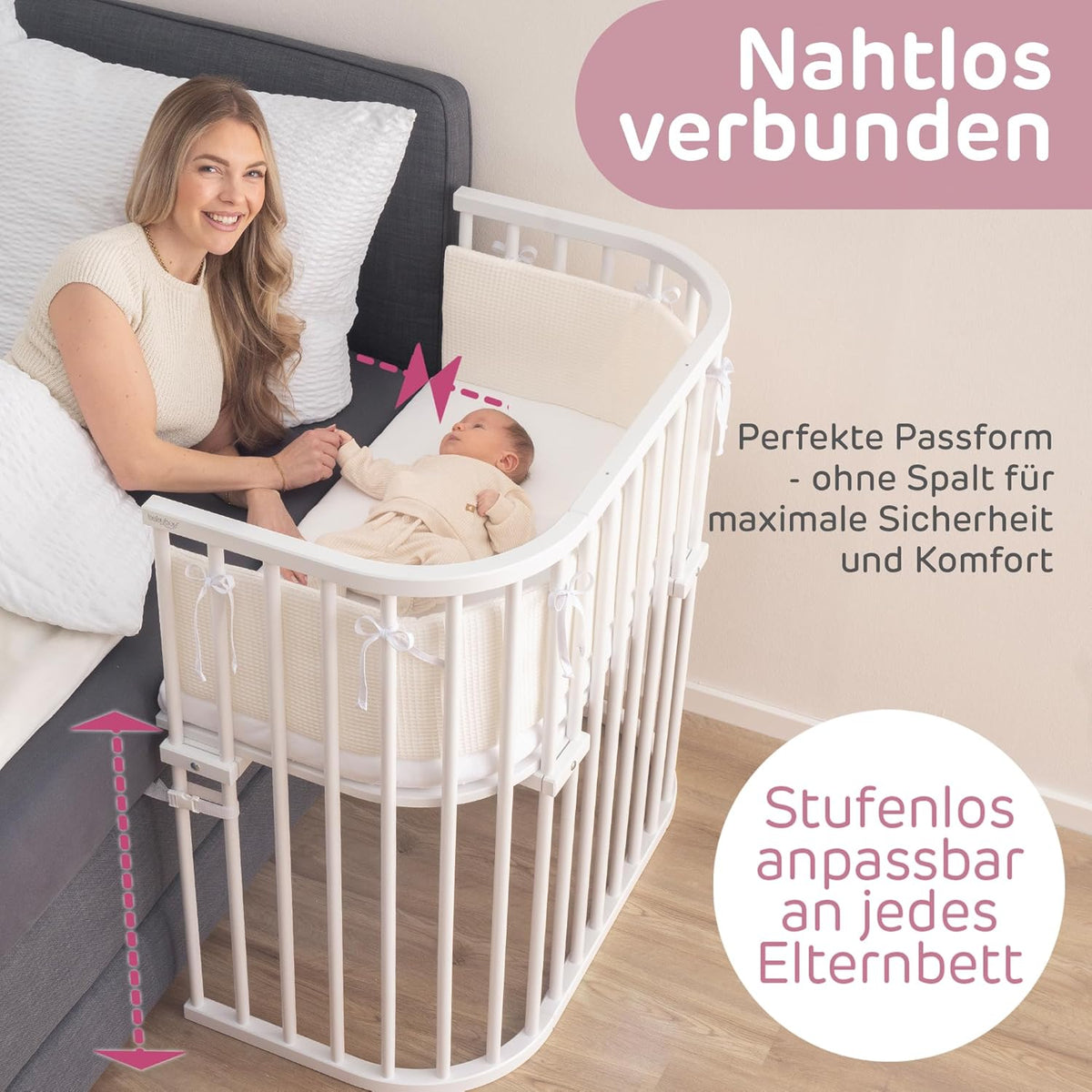 Oryginalne łóżeczko dostawne Babybay z litego drewna bukowego / kompaktowe i rozkładane / płynna regulacja wysokości łóżeczka i przyjazne dla środowiska / rośnie wraz z dzieckiem (lakierowane na biało) / w zestawie materac
