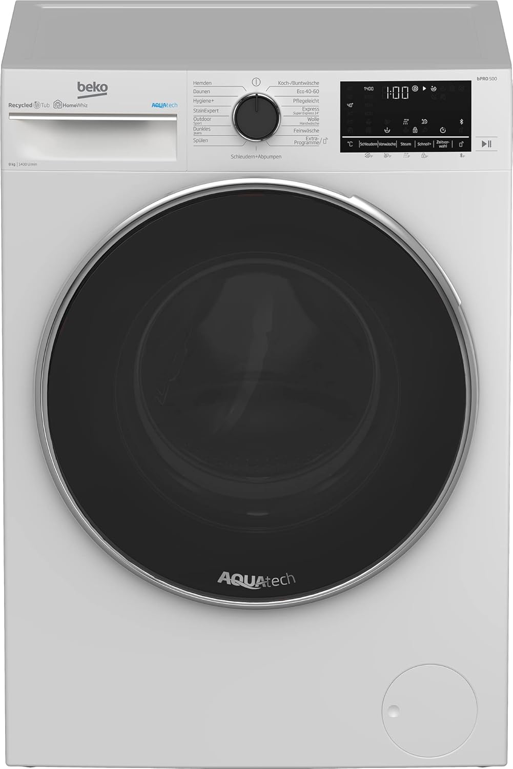 Pralka wolnostojąca Beko B5WFU58418W bPRO 500, w pełni automatyczna, 8 kg, AquaTech, wybór prędkości wirowania, 1400 obr./min, Bluetooth, funkcja pary, odpowiednia dla alergików, biała