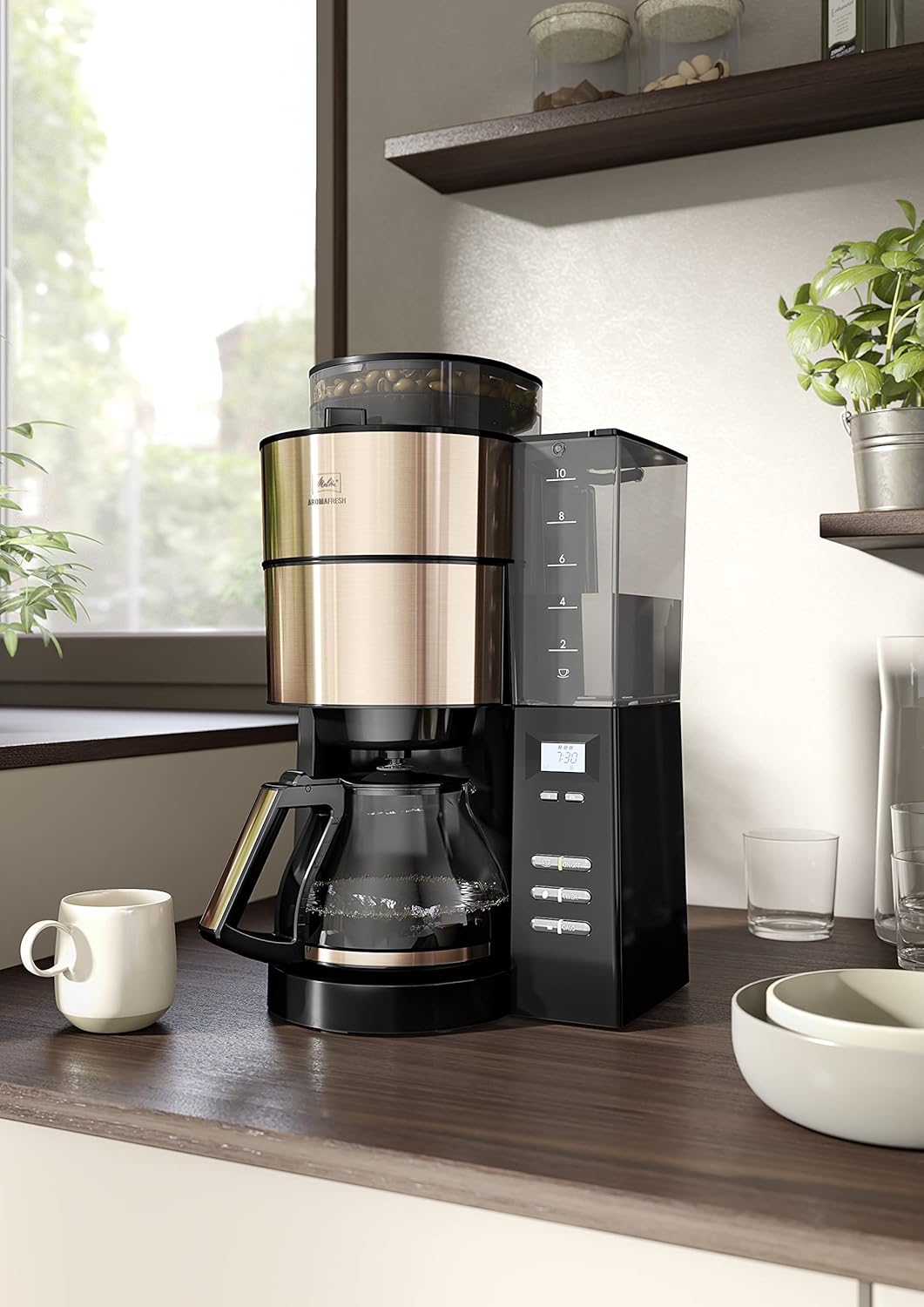 Melitta AromaFresh - Ekspres przelewowy - ze szklanym dzbankiem - wbudowanym młynkiem - funkcją timera - 10 filiżanek - Czysta czerń