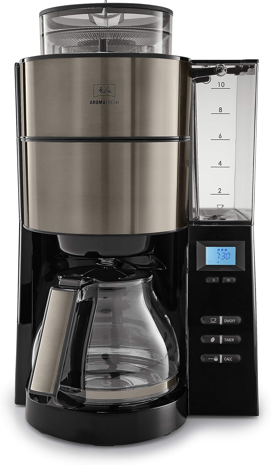 Melitta AromaFresh - Ekspres przelewowy - ze szklanym dzbankiem - wbudowanym młynkiem - funkcją timera - 10 filiżanek - Czysta czerń