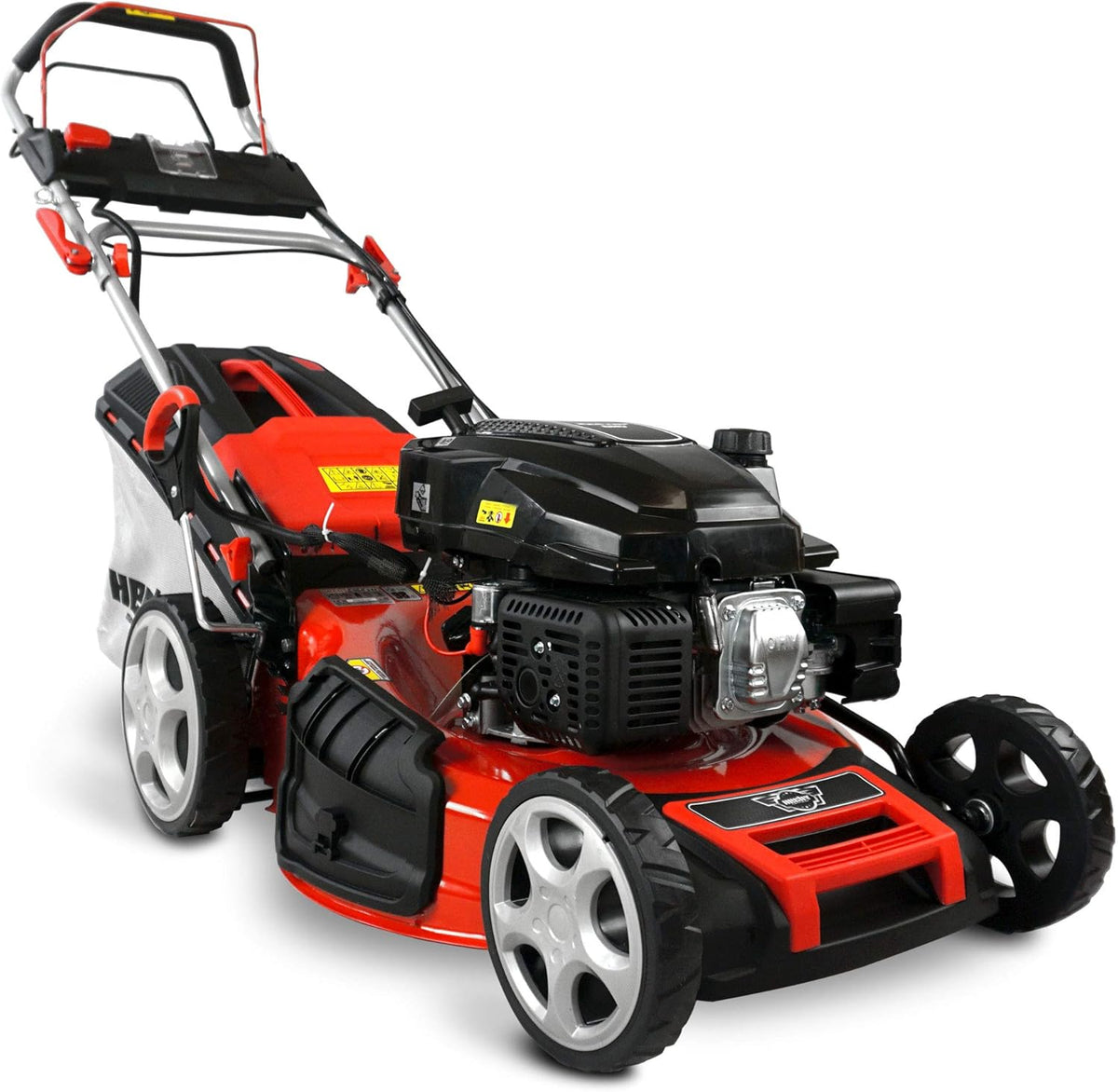 Kosiarka spalinowa HECHT 5 w 1 – mocny, czterosuwowy silnik Eco o mocy 4,4 kW (6,0 KM) – rozruch elektryczny – szerokość koszenia 53 cm – kosz na trawę o pojemności 75 l – napęd na koła – opatentowane koła – funkcja mulczowania