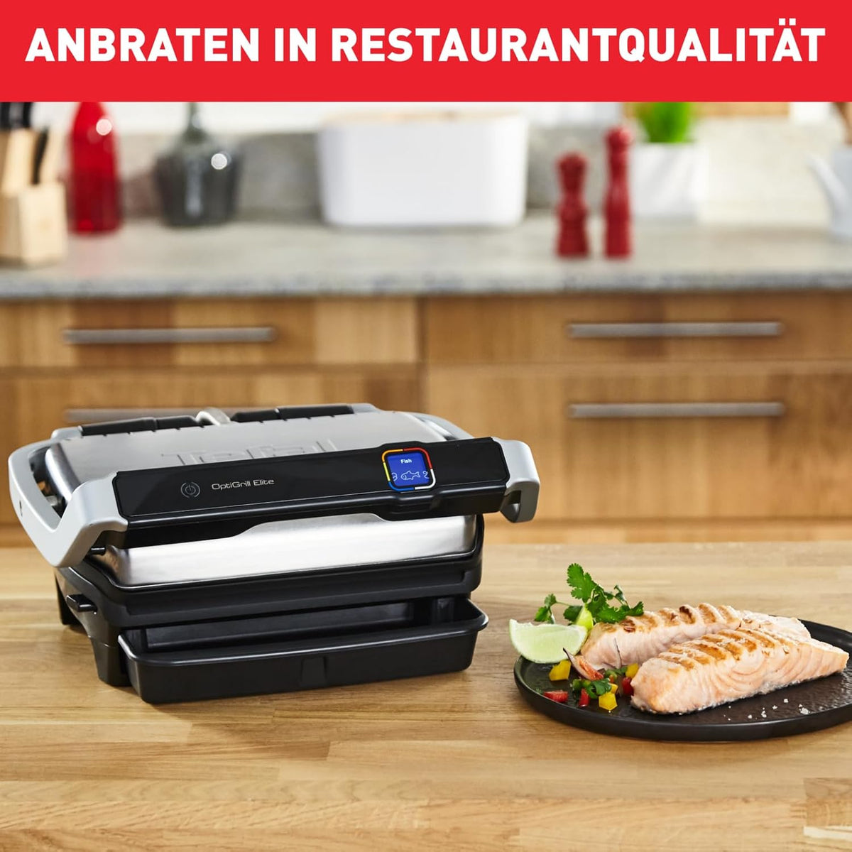 Grill kontaktowy Tefal OptiGrill Elite, 12 programów, wyświetlacz cyfrowy ze wskaźnikiem poziomu wysmażenia, wyjmowane płyty, grill elektryczny, stal nierdzewna, GC750D16