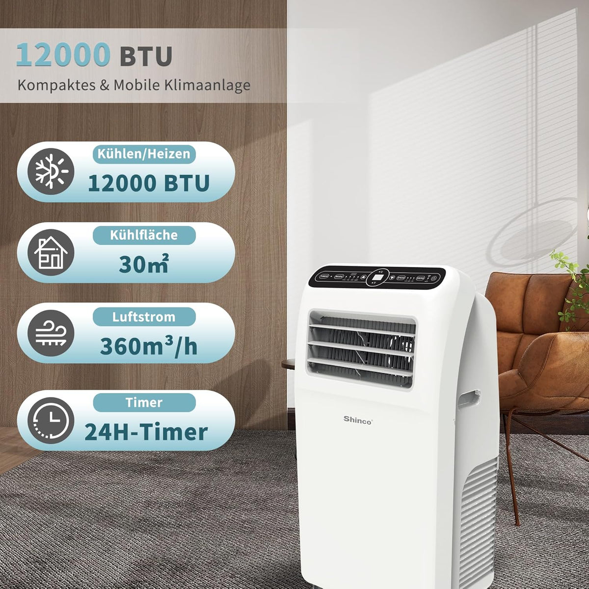 Przenośna klimatyzacja SHINCO z przewodem wydechowym, 9000 BTU, 2,6 kW, chłodzenie, wentylacja i osuszanie, przenośna klimatyzacja z trybem uśpienia, powierzchnia pomieszczenia do 22 m², 24-godzinny timer
