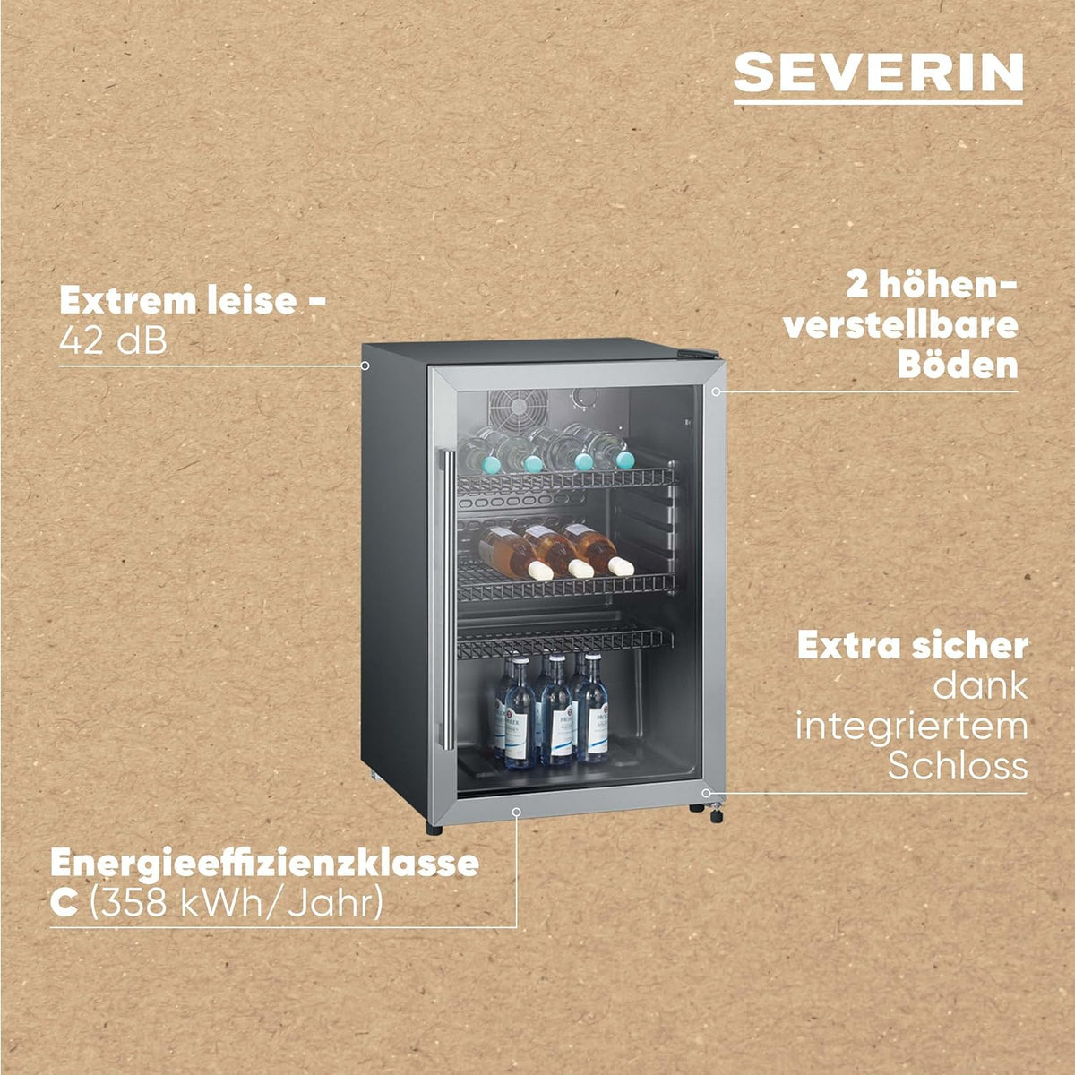 Chłodziarka do butelek SEVERIN, ze zintegrowanym zamkiem i oświetleniem LED, pojemność netto 118 l, kolor czarny/srebrny, FSK 8840
