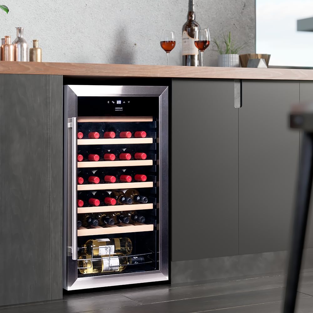 Cecotec Bolero Grandsommelier 34030, chłodziarka do wina ze stali nierdzewnej, kompresorowa, 34 butelki, 80 l, chłodzenie kompresorowe, regulowana temperatura od 5 do 18ºC, sterowanie dotykowe, wyświetlacz, wewnętrzne oświetlenie LED.