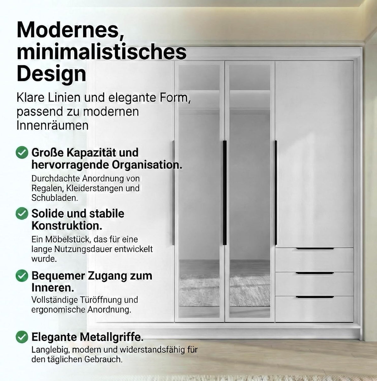 A and J MöbelLand VIVO Szafa 4-drzwiowa z lustrem i szufladami - 200 x 215 cm - Szafa z drzwiami uchylnymi, drążkiem na ubrania i półkami