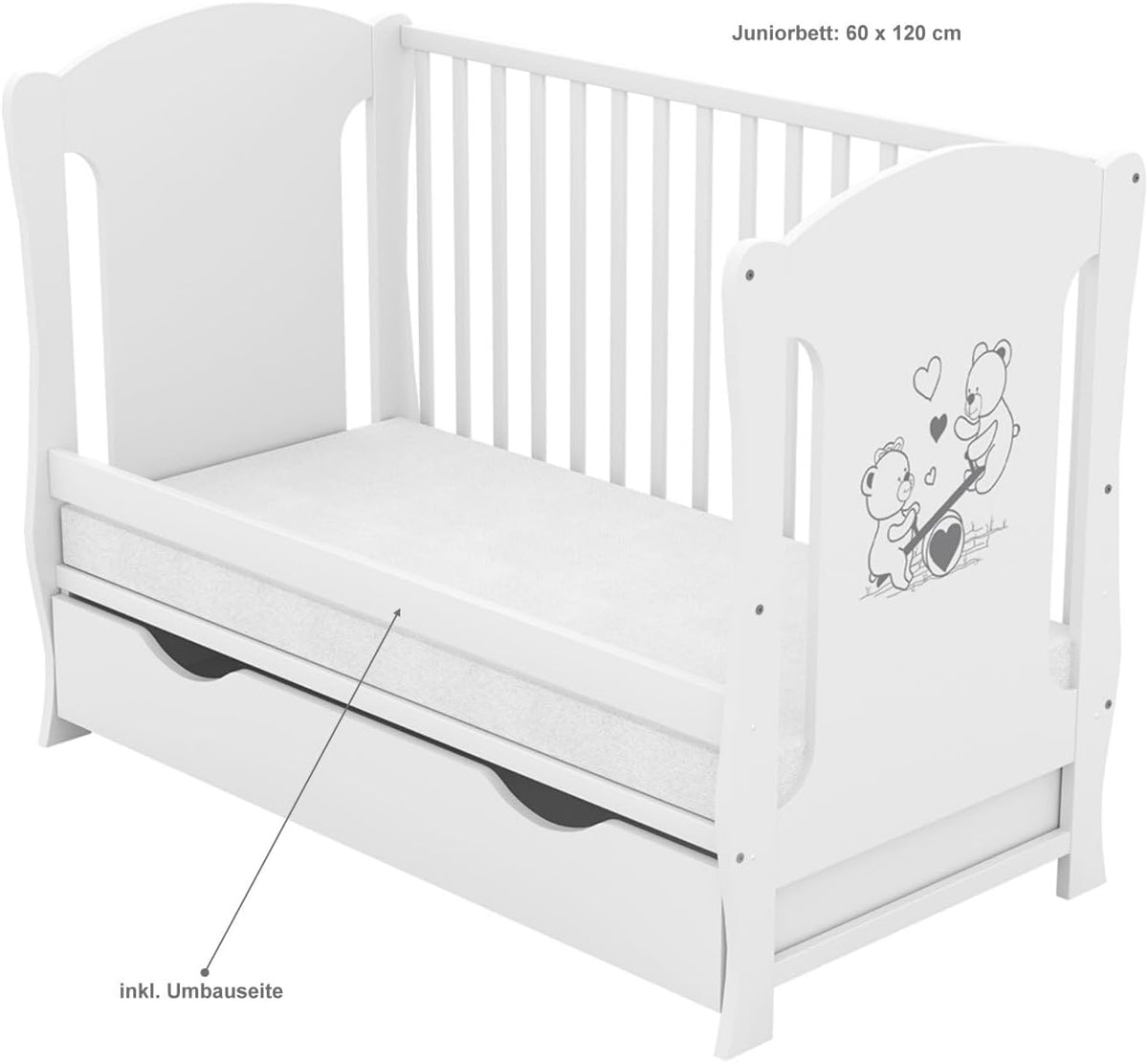 Łóżeczko dziecięce Deluxe 60x120 białe Łóżeczko dziecięce z możliwością przekształcenia w łóżko juniorskie Szuflada na materac Motyw bujanego misia