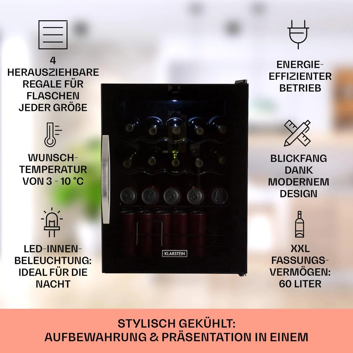 Klarstein Mini lodówka z drzwiami szklanymi do pomieszczeń, chłodziarka na napoje z regulowanymi półkami, mała 80 litrów, do użytku wewnątrz i na zewnątrz, cicha