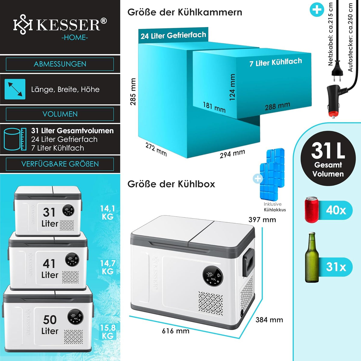 Lodówka kompresorowa KESSER 2 w 1 – Dwu-strefowa chłodziarko-zamrażarka – Elektryczna lodówka przenośna z 2 wkładami chłodzącymi i panelem dotykowym LED | Chłodzenie do -20°C – Idealna na kemping oraz do samochodów osobowych i ciężarowych (12/24 V i