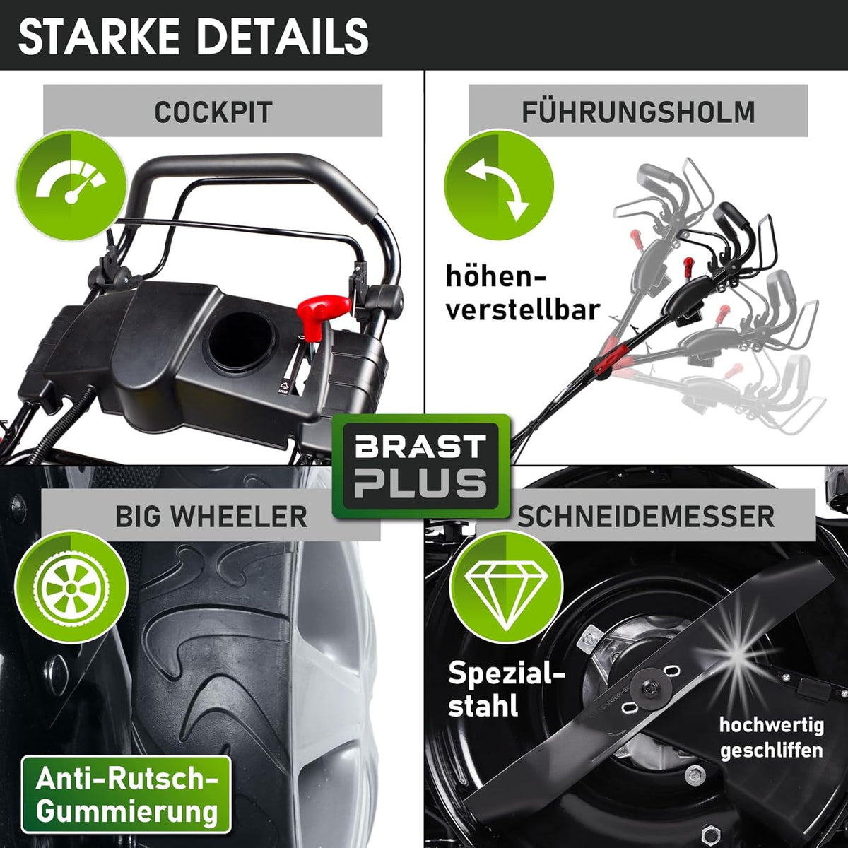 Spalinowa kosiarka do trawy BRAST z napędem | 5,2 kW (7 KM) | Rozruch elektryczny | Szerokość koszenia 48 cm | Różne modele | Certyfikat TÜV | Silnik czterosuwowy OHV | Wysokość koszenia 30–80 mm | Kosz na trawę 60 l | Stalowa obudowa | Model 19224 E