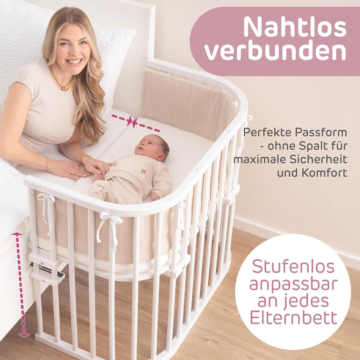 Oryginalne łóżeczko dostawne Babybay z litego drewna bukowego / kompaktowe i rozkładane / płynna regulacja wysokości łóżeczka i przyjazne dla środowiska / rośnie wraz z dzieckiem (lakierowane na biało) / w zestawie materac