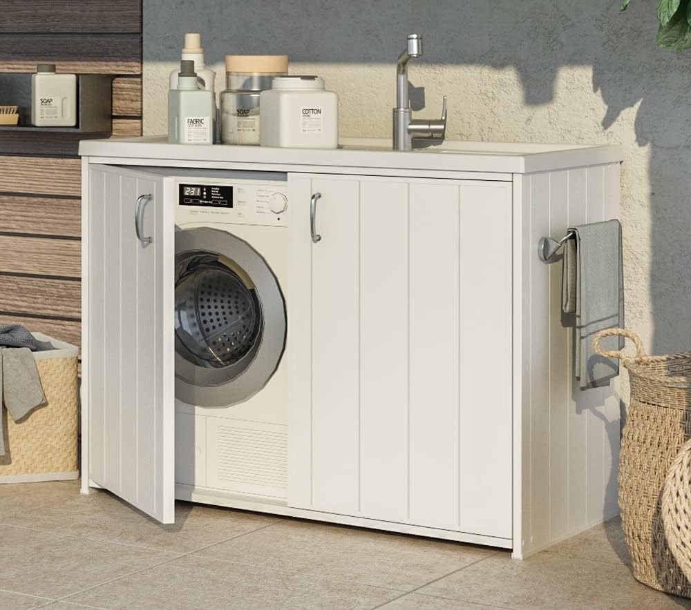 Negrari 5008PAM – dubbelzijdige kast met spoelbak en ruimte voor een wasmachine, materiaal: hars (voor buitengebruik) en PVC, kleur: wit, maat M, 14.000 stuks