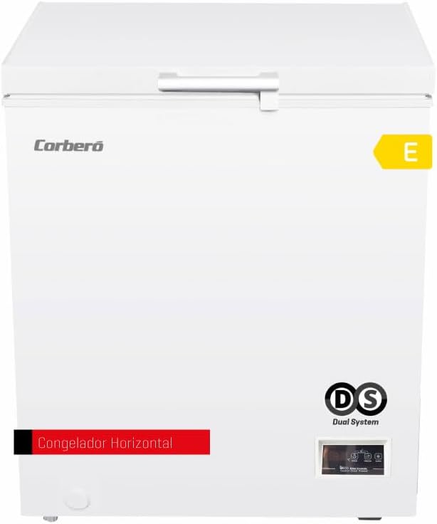 Corbero – Zamrażarka skrzyniowa 142 l | CCHH15024E | Sterowanie elektroniczne z wyświetlaczem | Oświetlenie LED | Uchwyt | 1 kosz wewnętrzny | 2 kółka | 2 regulowane nóżki | 40 dB | Klasa efektywności energetycznej E | Kolor biały