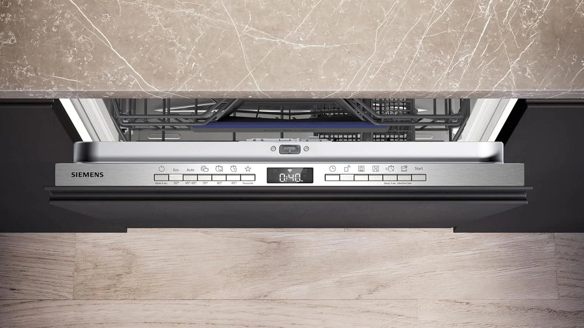 Zmywarka Siemens SN63EX06VE, iQ300 Smart, w pełni zintegrowana, 60 cm, szuflada na sztućce, bardzo cicha, varioSpeed, automatyczne otwieranie drzwi, potrójny system koszenia, infoLight, intensiveZone