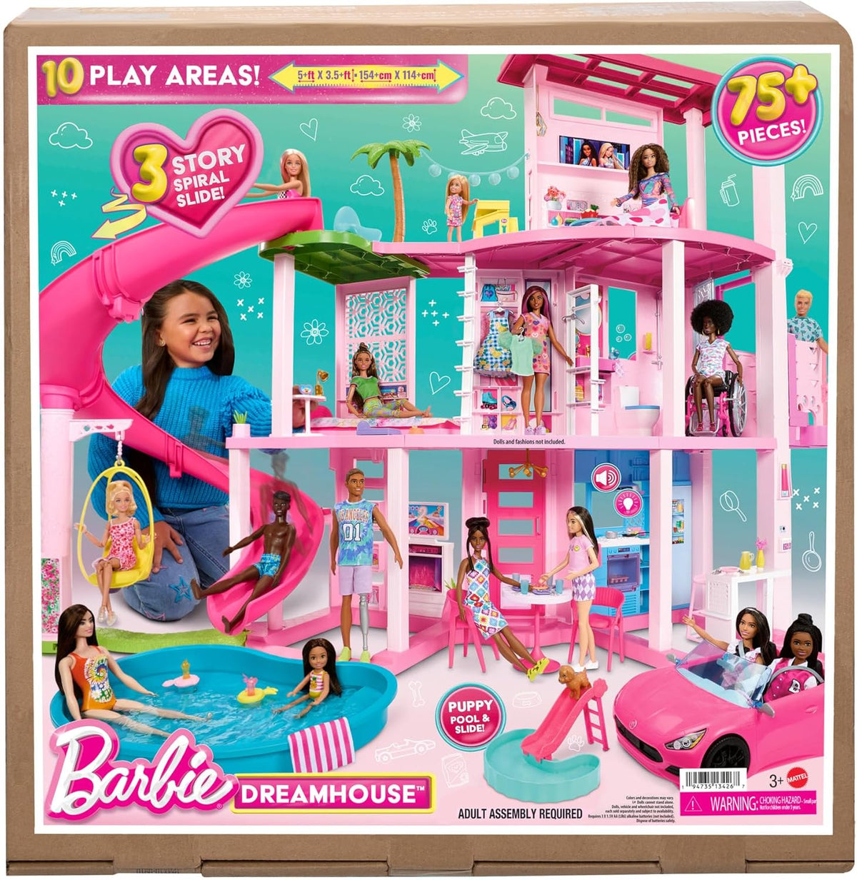Barbie Dreamhouse 2023 – trzypiętrowy domek dla lalek z 75 meblami i akcesoriami, dla dzieci od 3. roku życia (Mattel HMX10)