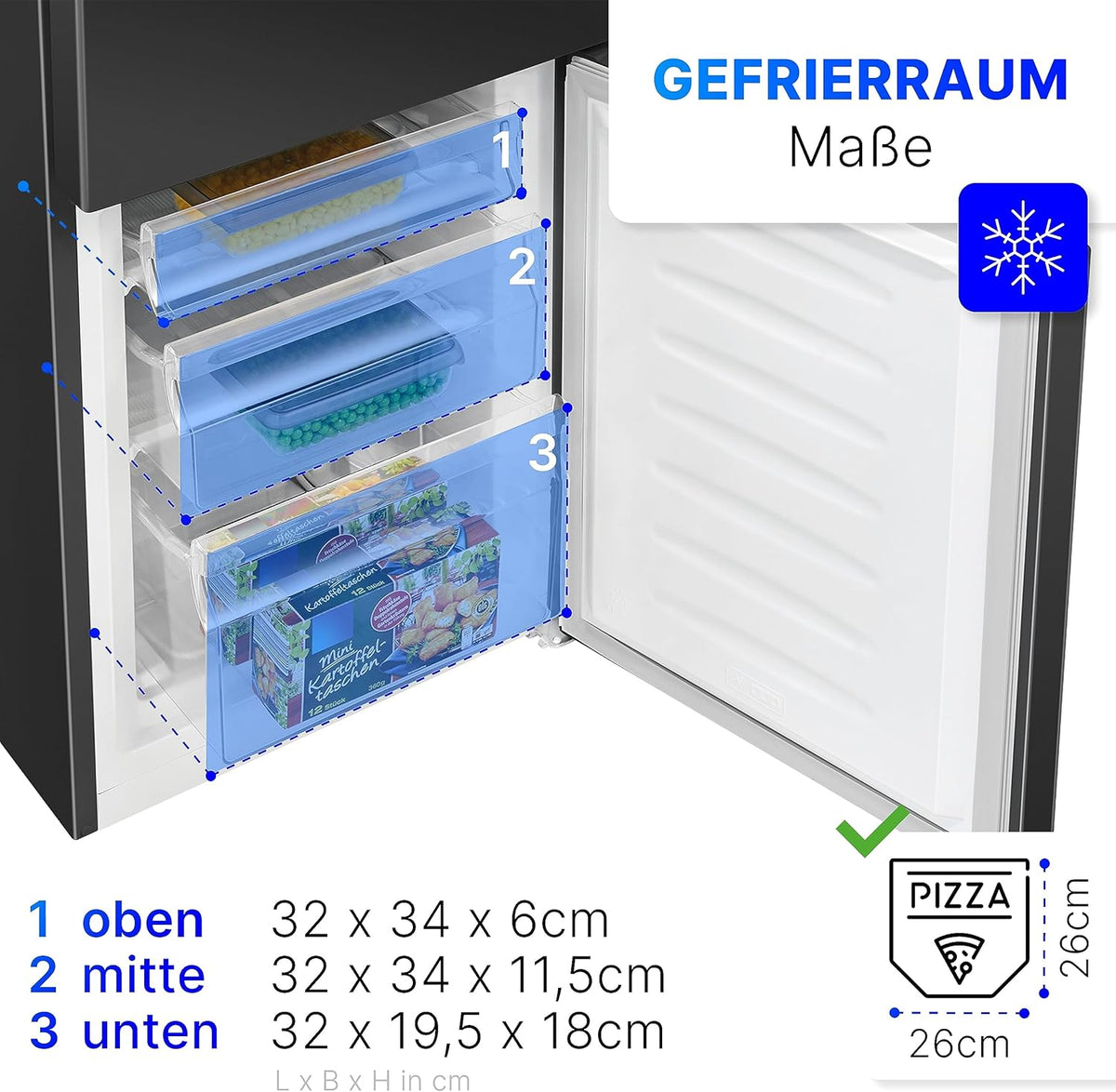 Chłodziarko-zamrażarka Bomann® o wysokości 143 cm | Pojemność 175 l, 3 półki i 3 szuflady | Możliwość zmiany kierunku otwierania drzwi | Cicha praca (39 dB) | Model KG 322.1 (wykończenie Inox-Look)