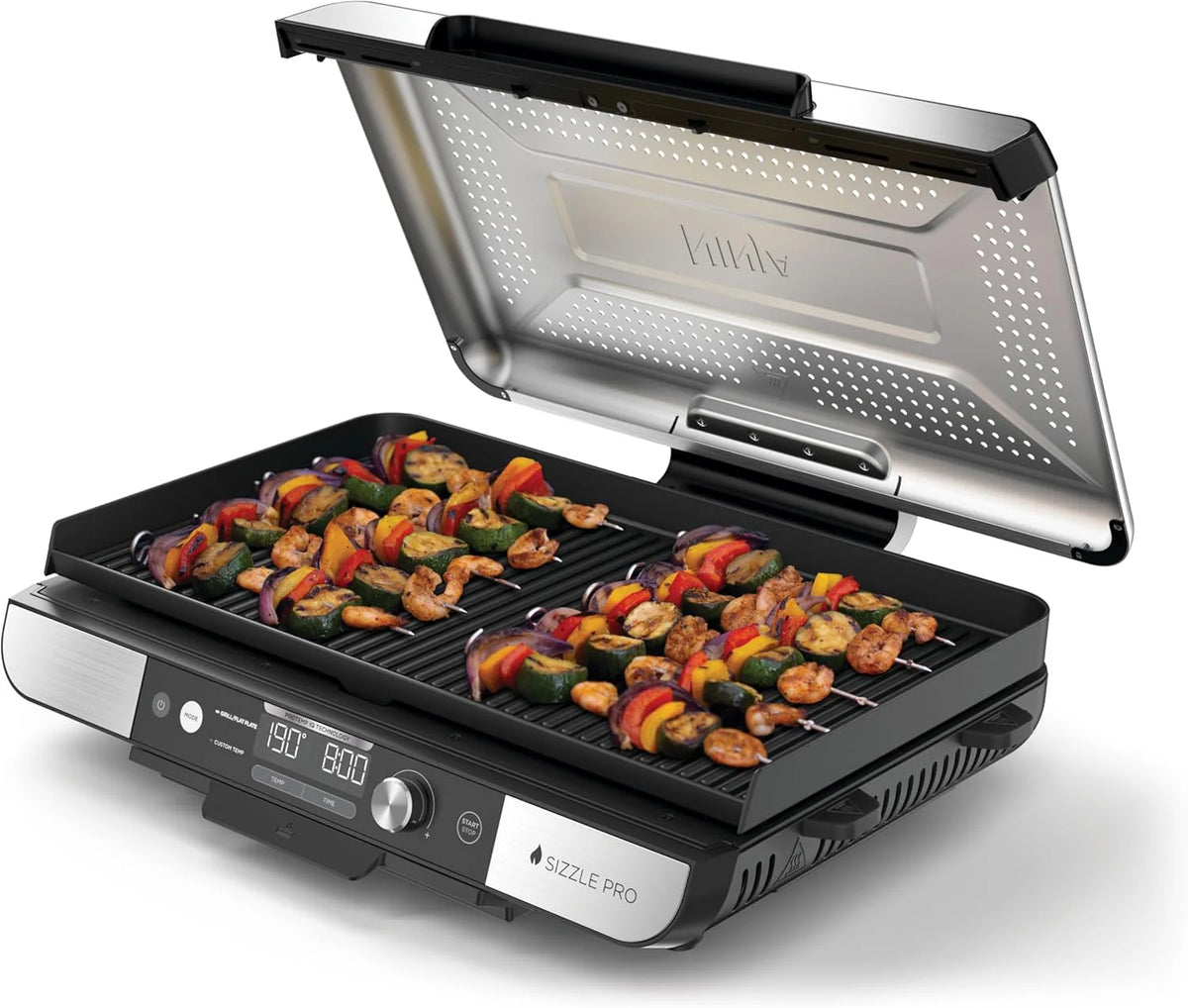 Ninja Sizzle Pro XL Grill i płyta grillowa do użytku wewnątrz pomieszczeń z nieprzywierającą ceramiczną płytą grillową, zdejmowaną pokrywą, pojemnikiem na tłuszcz i przewodnikiem po przepisach, kolor srebrny/czarny GX101EU