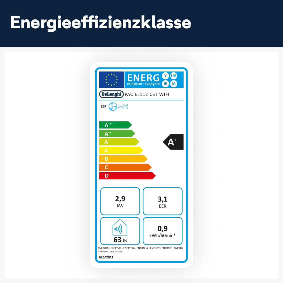 De'Longhi Pinguino PAC EL112 CST WiFi, przenośna klimatyzacja z technologią MyEcoRealFeel do pomieszczeń o kubaturze do 110 m³, 11 000 BTU/h, 2,9 kW, 63 dB, funkcja osuszania, A, sterowanie aplikacją i głosem, kolor biały