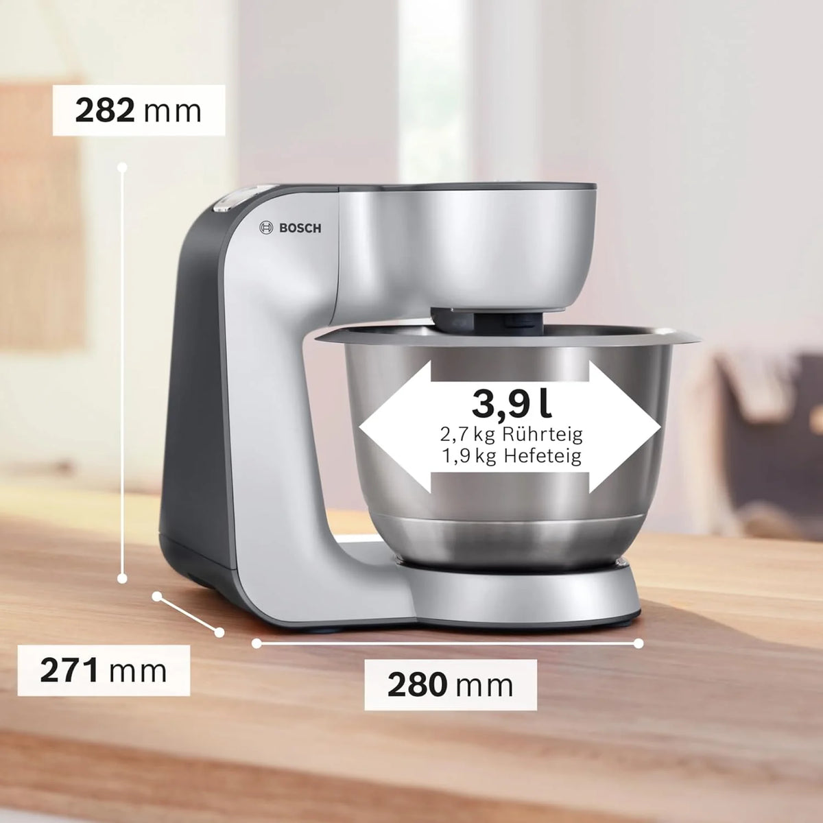 Robot kuchenny Bosch serii 4 MUM56340, misa 3,9 l, blender 1,25 l, maszynka do mięsa, wyciskarka do cytrusów, mikser planetarny, hak do ciasta, trzepaczka, ubijak, rozdrabniacz ciągły, 3 tarcze, 900 W, srebrny/szary