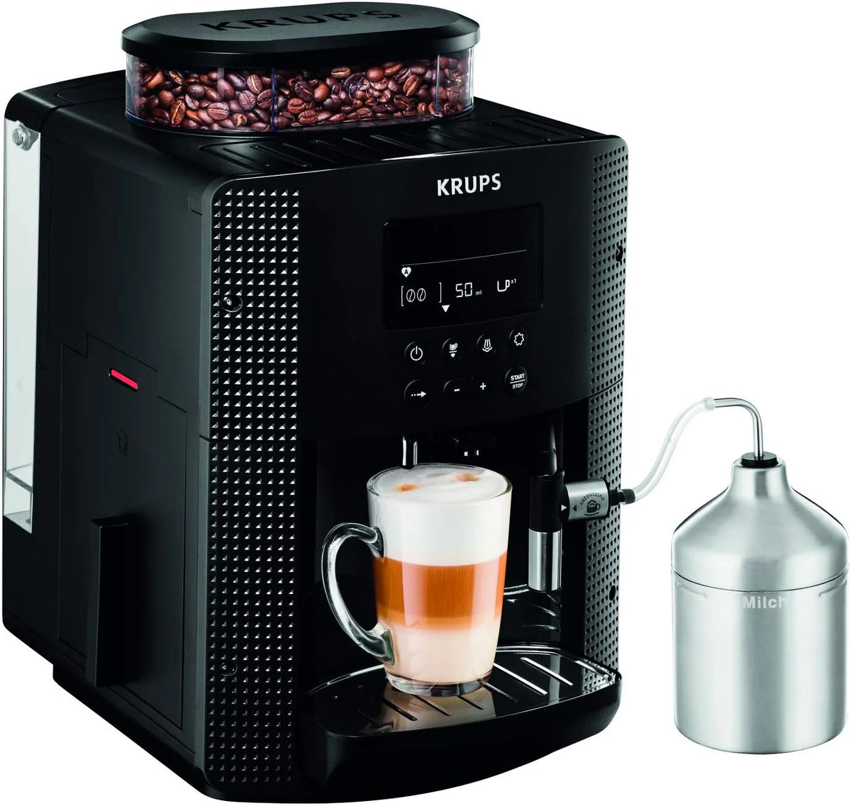 Ekspres do kawy Krups Essential w pełni automatyczny z wężykiem do mleka, funkcja parzenia 2 filiżanek, wyświetlacz LCD, łatwe czyszczenie, certyfikat TÜV, czarny, EA816031