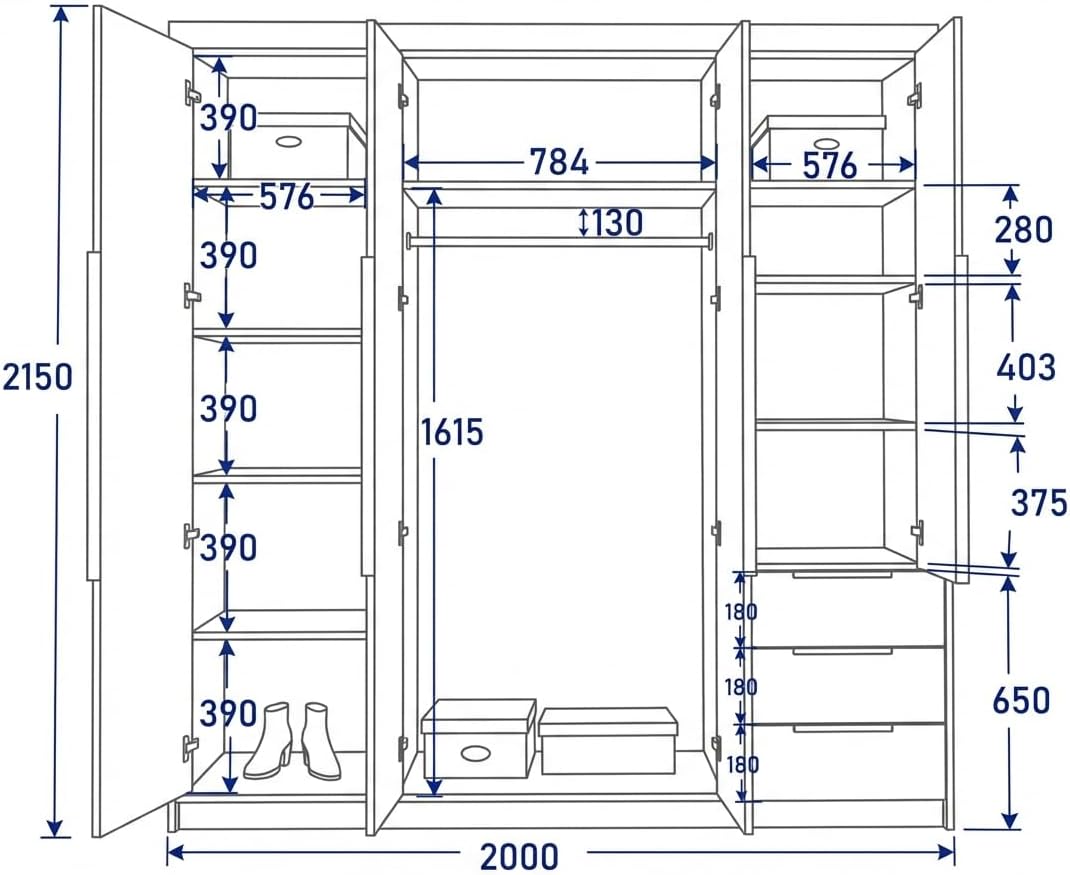 A and J MöbelLand VIVO Szafa 4-drzwiowa z lustrem i szufladami - 200 x 215 cm - Szafa z drzwiami uchylnymi, drążkiem na ubrania i półkami