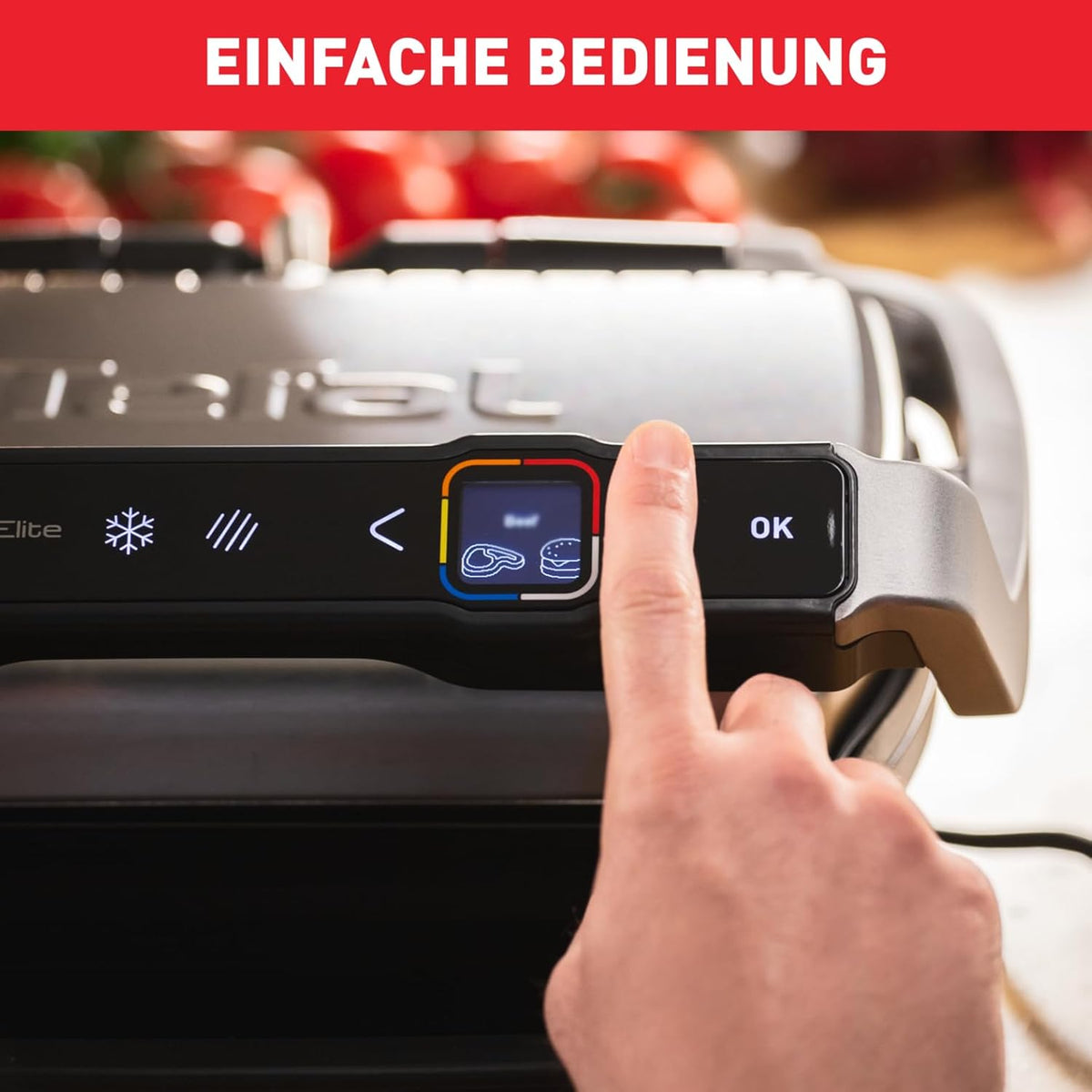 Grill kontaktowy Tefal OptiGrill Elite, 12 programów, wyświetlacz cyfrowy ze wskaźnikiem poziomu wysmażenia, wyjmowane płyty, grill elektryczny, stal nierdzewna, GC750D16