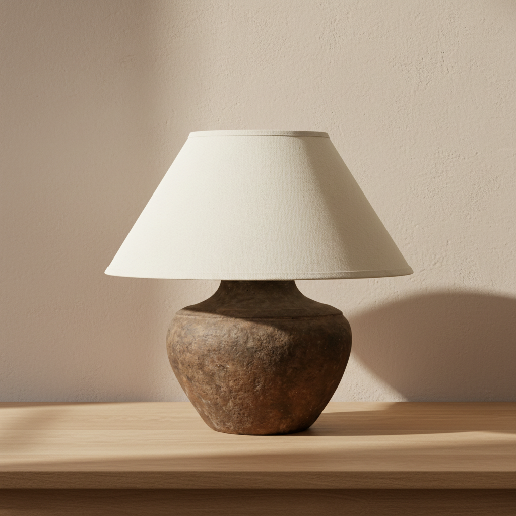 20-inch ceramic table lamp in Rustco finish with white linen shade