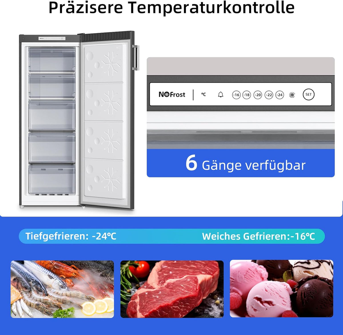 Zamrażarka CHiQ FSD166NE4E 166 l, technologia No Frost, odwracalne zawiasy drzwi, czarna stal nierdzewna, wysokość 144 cm