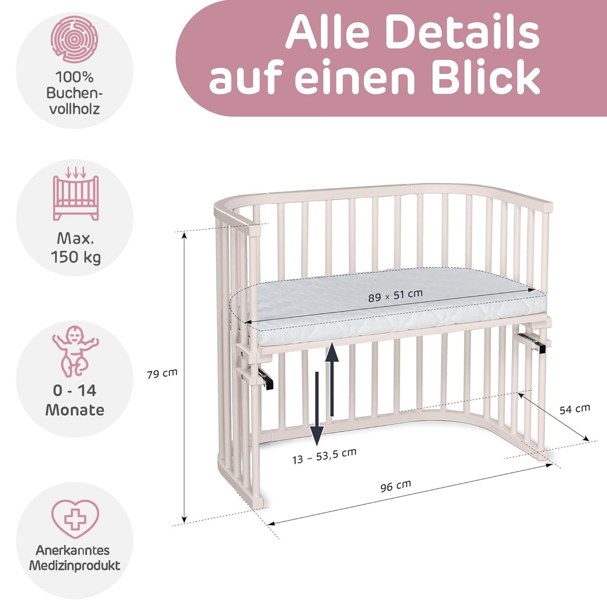 Oryginalne łóżeczko dostawne Babybay z litego drewna bukowego / kompaktowe i rozkładane / płynna regulacja wysokości łóżeczka i przyjazne dla środowiska / rośnie wraz z dzieckiem (lakierowane na biało) / w zestawie materac