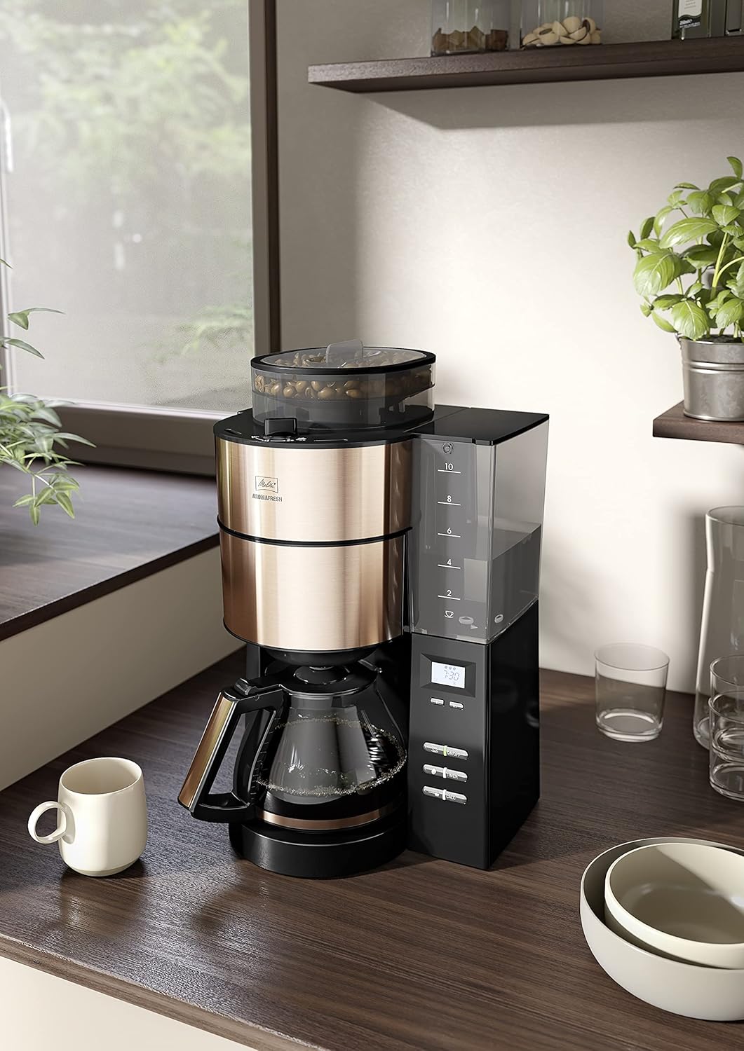 Melitta AromaFresh - Ekspres przelewowy - ze szklanym dzbankiem - wbudowanym młynkiem - funkcją timera - 10 filiżanek - Czysta czerń
