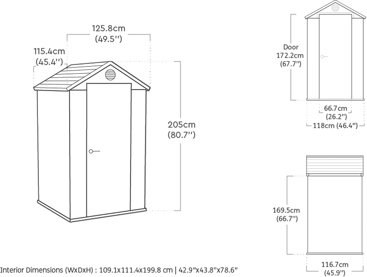 KETER Darwin 4x4 tuinhuis, 125,8 x 117 x 205 cm en 1,4 m²; inclusief vloer, ventilatiesysteem, deur en raam; waterdicht; grijs.