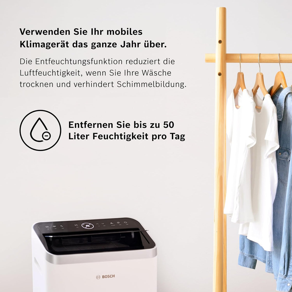 Klimatyzator przenośny Bosch Cool 4000 – 3 w 1: klimatyzator, osuszacz powietrza, wentylator – 2,6 kW do pomieszczeń o powierzchni do 35 m² – z trybem automatycznym, trybem cichym i trybem uśpienia