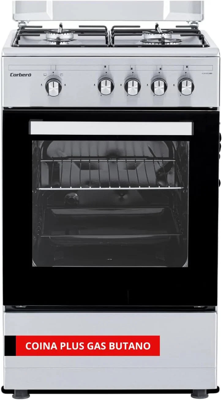 Corberó – Kuchnia Plus | 50 cm | CCSF45020BW | 4 palniki na gaz butanowy | Piekarnik 43 l | Metalowa pokrywa | Podwójne szklane drzwi | Taca i grill chromowane | Automatyczny wyłącznik bezpieczeństwa | Biały