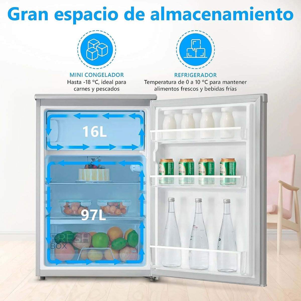 Midea Mała lodówka 113 l z zamrażarką - Mini lodówka do sypialni/przyczepy kempingowej/na kemping - Mini bar o niskim zużyciu energii - Cicha lodówka podblatowa 39 dB + zamrażarka -16º/-24º