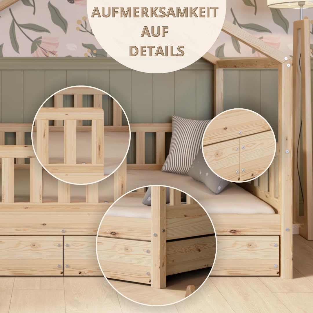 Łóżko Crazy Pine House z szufladami 200x90 cm – łóżko dziecięce z naturalnego drewna z zabezpieczeniem przed upadkiem – łóżko Montessori z dodatkową przestrzenią do przechowywania i wyjmowaną barierką – Crazy House