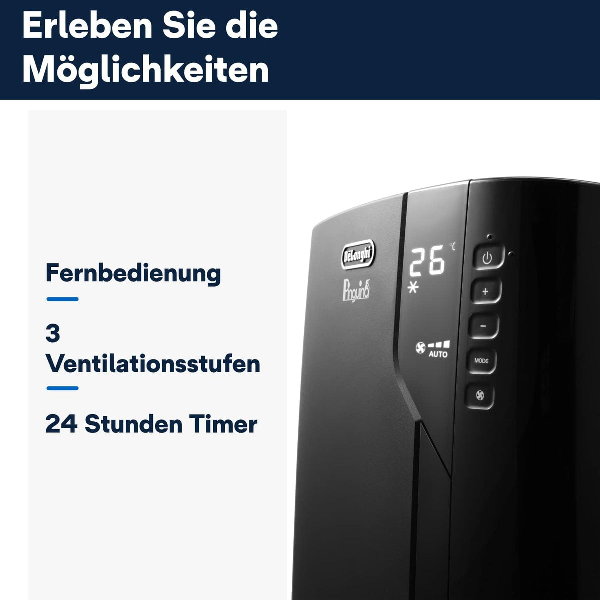 De'Longhi Pinguino PAC EL112 CST WiFi, przenośna klimatyzacja z technologią MyEcoRealFeel do pomieszczeń o kubaturze do 110 m³, 11 000 BTU/h, 2,9 kW, 63 dB, funkcja osuszania, A, sterowanie aplikacją i głosem, kolor biały
