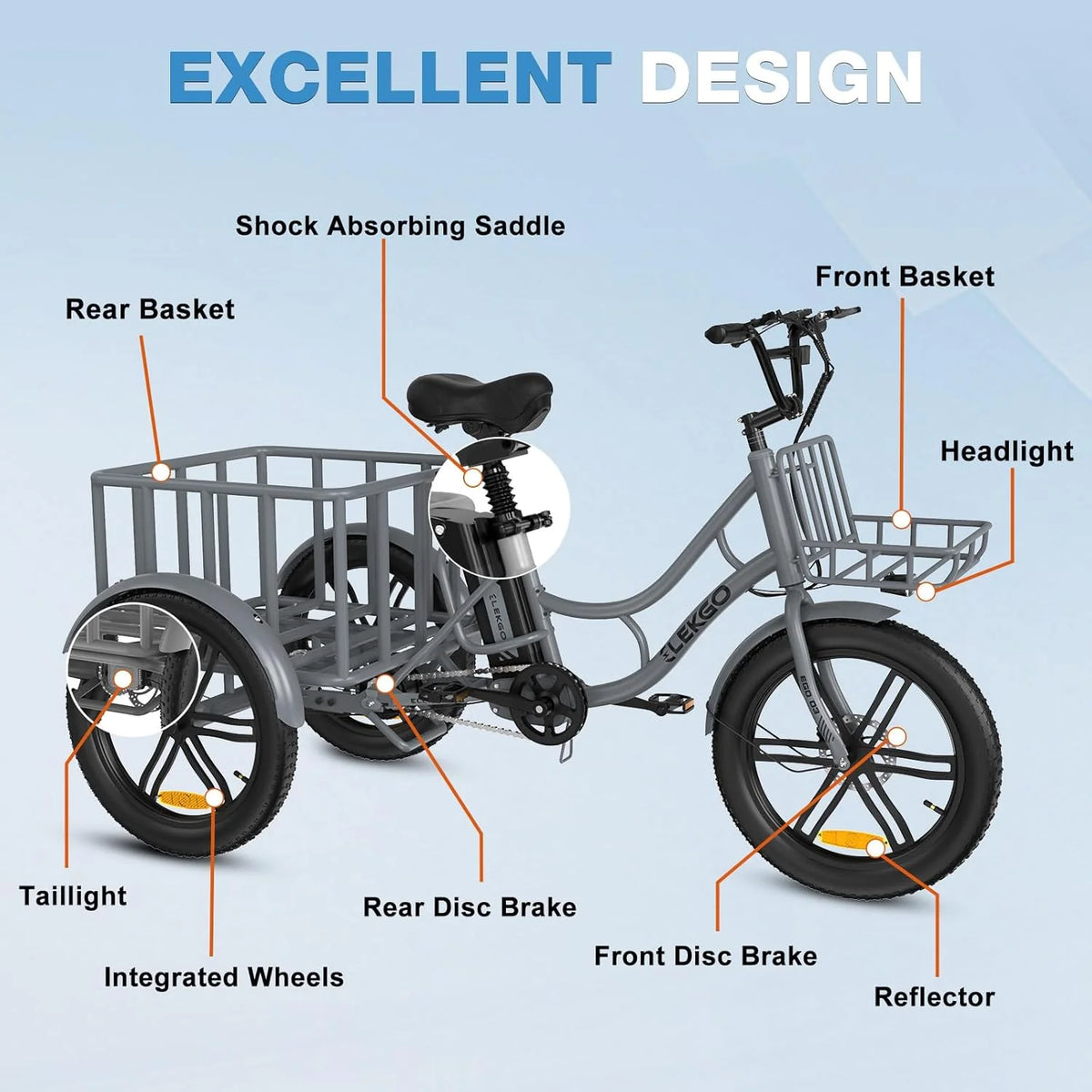ELEKGo EGO03 Cargo E-Trike 500W 48V 18Ah, wyświetlacz LCD, opony 20x3.0