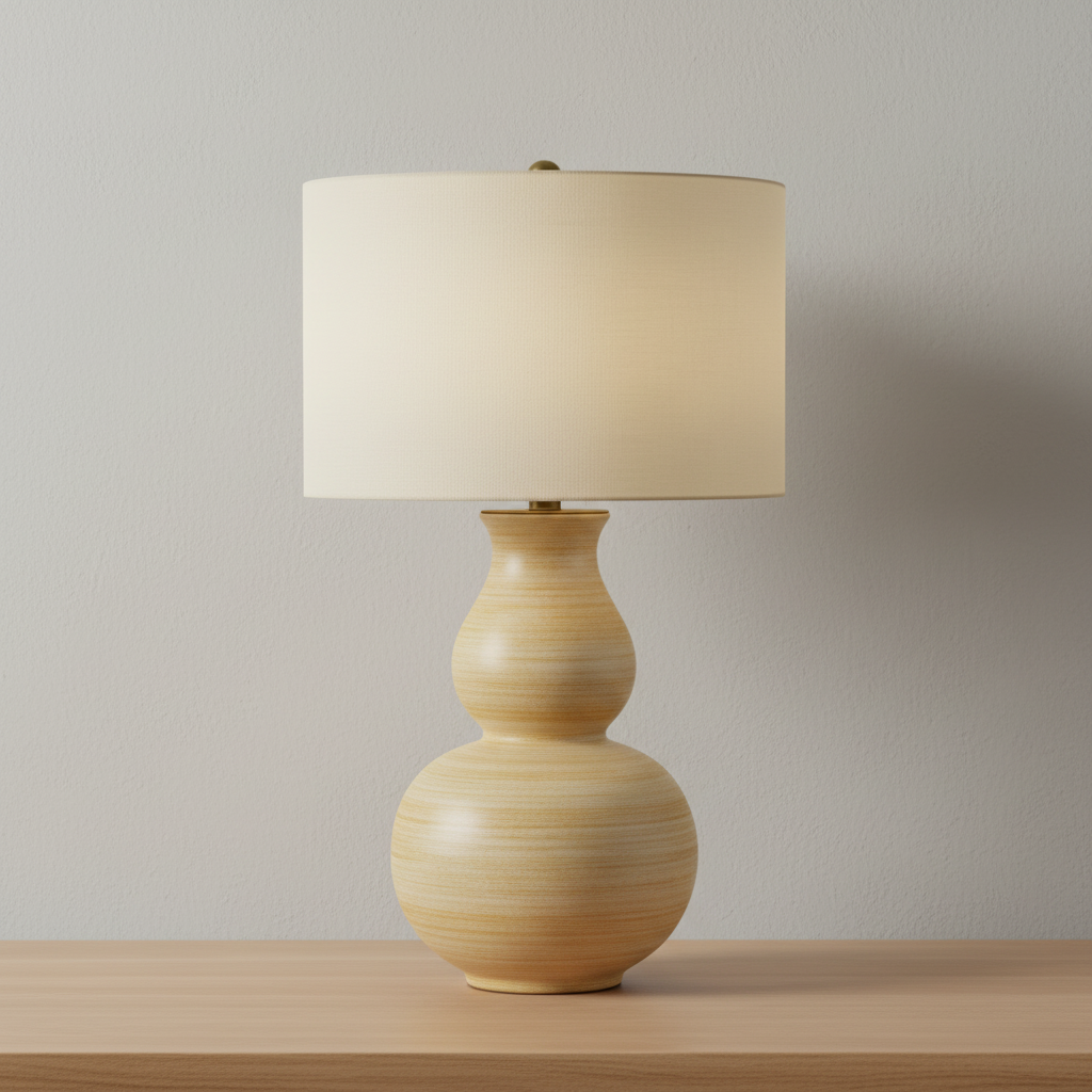 27-inch mustard ceramic table lamp with beige linen shade by Prestige Lighting
