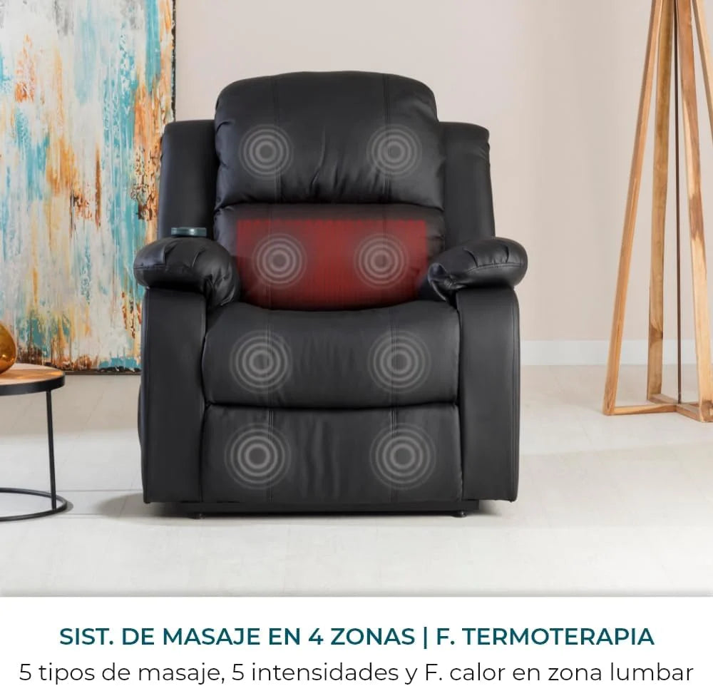 Don Descanso – rozkładany fotel masujący Trevi Black z podgrzewaniem, odchyleniem do 160°, 8 cichymi silnikami, podgrzewaniem odcinka lędźwiowego, 4-strefowym systemem masażu i wykończeniem z odpornej na pęknięcia skóry poliuretanowej [w zestawie pil
