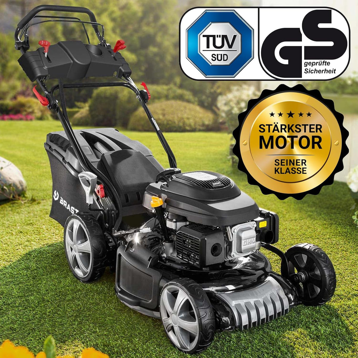 Spalinowa kosiarka do trawy BRAST z napędem | 5,2 kW (7 KM) | Rozruch elektryczny | Szerokość koszenia 48 cm | Różne modele | Certyfikat TÜV | Silnik czterosuwowy OHV | Wysokość koszenia 30–80 mm | Kosz na trawę 60 l | Stalowa obudowa | Model 19224 E