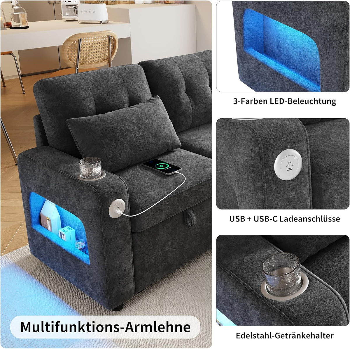Merax L-vormige hoekbank met slaapfunctie en opbergruimte voor beddengoed - praktische uitklapbare hoekbank met opbergruimte, ledverlichting, USB/USB-C-poorten en 2 bekerhouders - uitklapbare hoekbank, chenille stof.