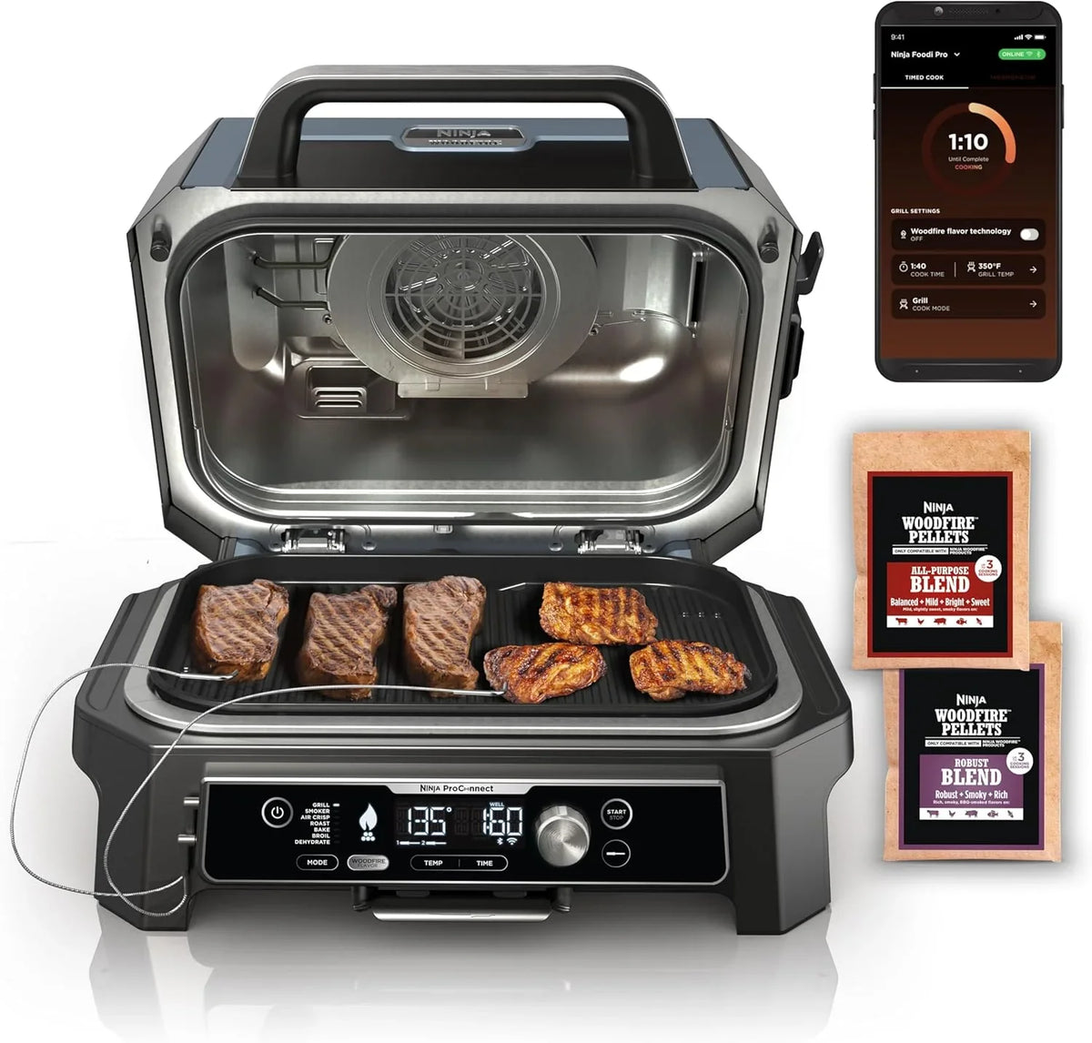 Grill i wędzarnia ogrodowa Ninja Woodfire Pro XL, termometr, wszechstronne urządzenie 4 w 1 (grill, wędzarnia BBQ, frytkownica beztłuszczowa, piekarnik), grill elektryczny przenośny, kolor ciemnoszary, model OG850