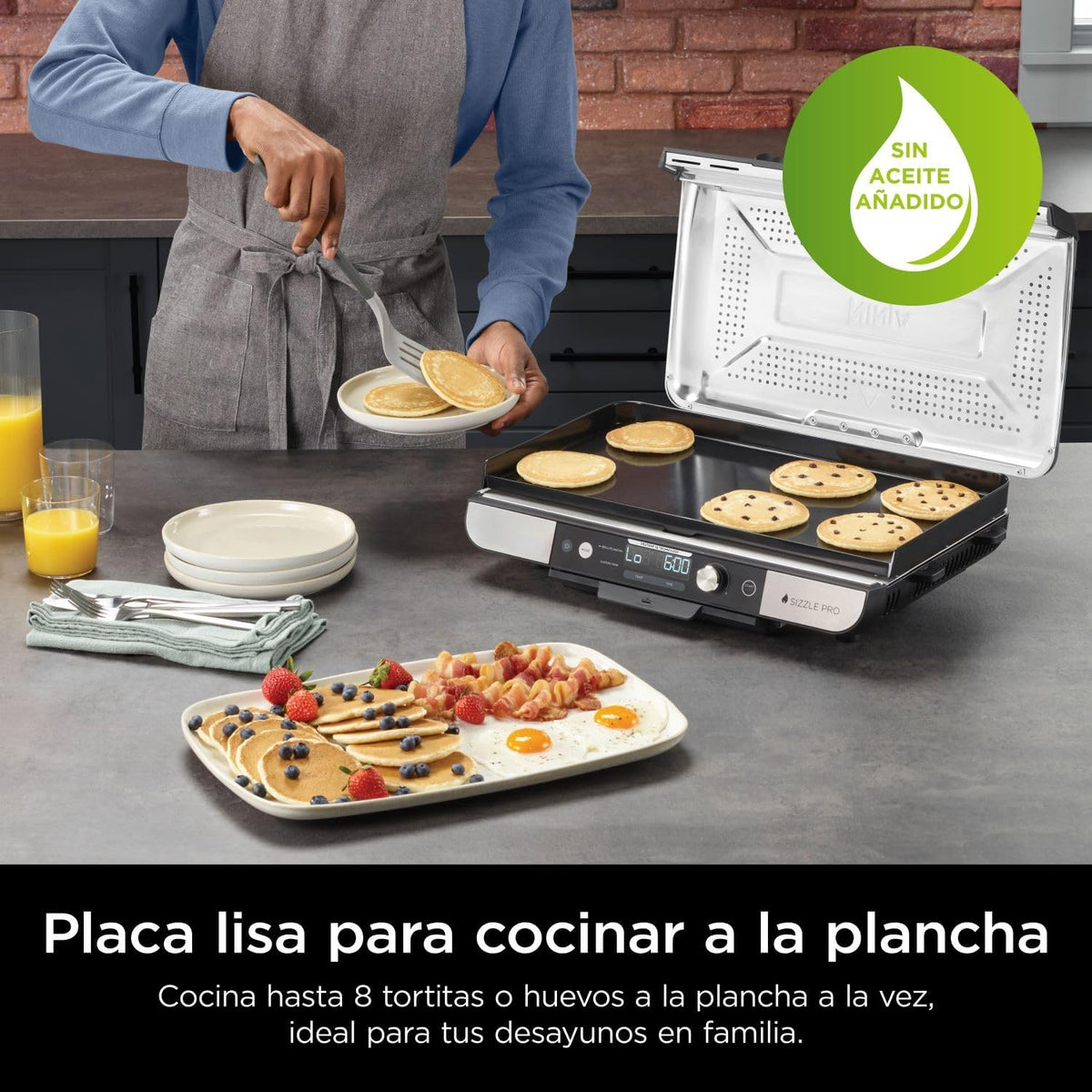 Ninja Sizzle Pro XL Indoor Grill en Bakplaat met Keramische Anti-aanbaklaag, Afneembaar Deksel, Vetopvangbak en Receptengids, Zilver/Zwart GX101EU