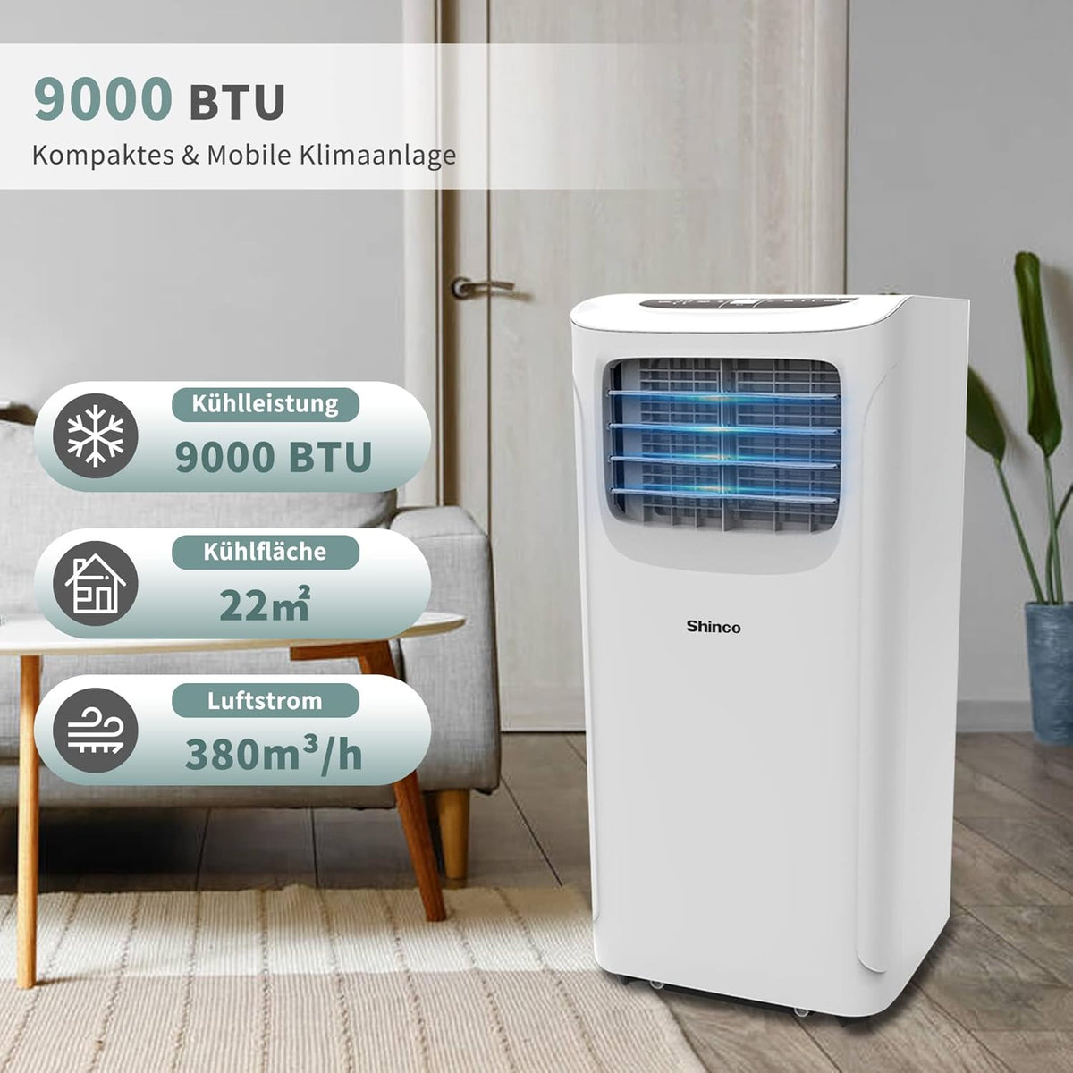 Przenośna klimatyzacja SHINCO z przewodem wydechowym, 9000 BTU, 2,6 kW, chłodzenie, wentylacja i osuszanie, przenośna klimatyzacja z trybem uśpienia, powierzchnia pomieszczenia do 22 m², 24-godzinny timer