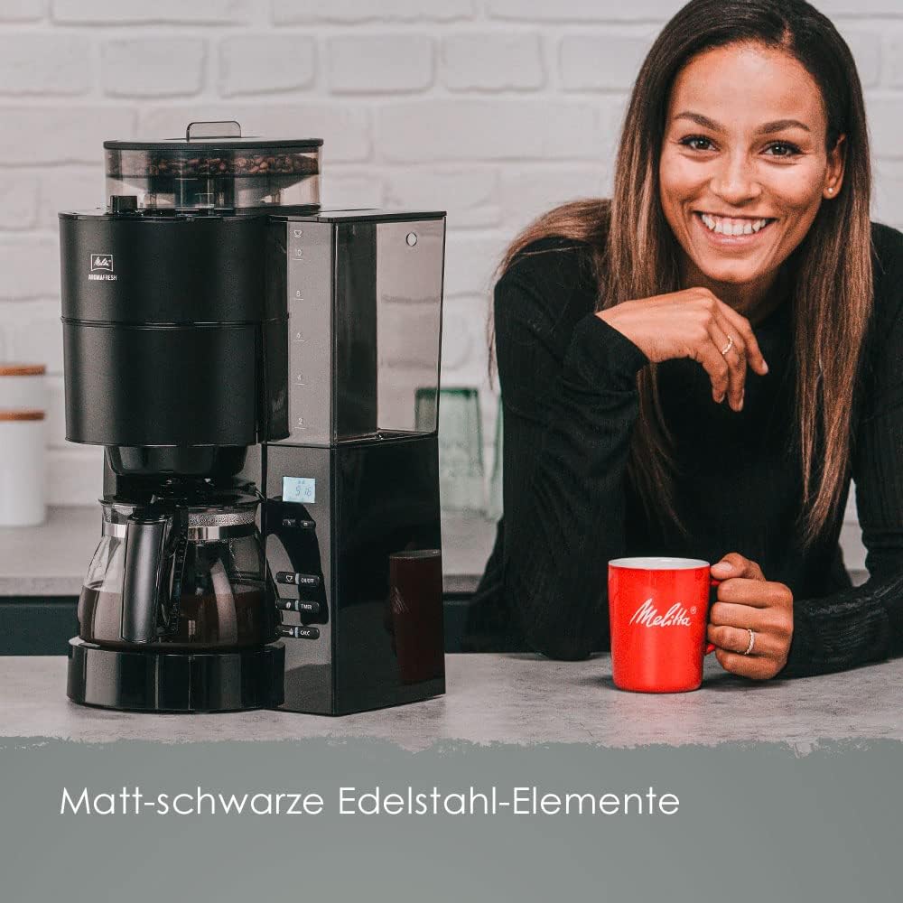 Melitta AromaFresh - Ekspres przelewowy - ze szklanym dzbankiem - wbudowanym młynkiem - funkcją timera - 10 filiżanek - Czysta czerń