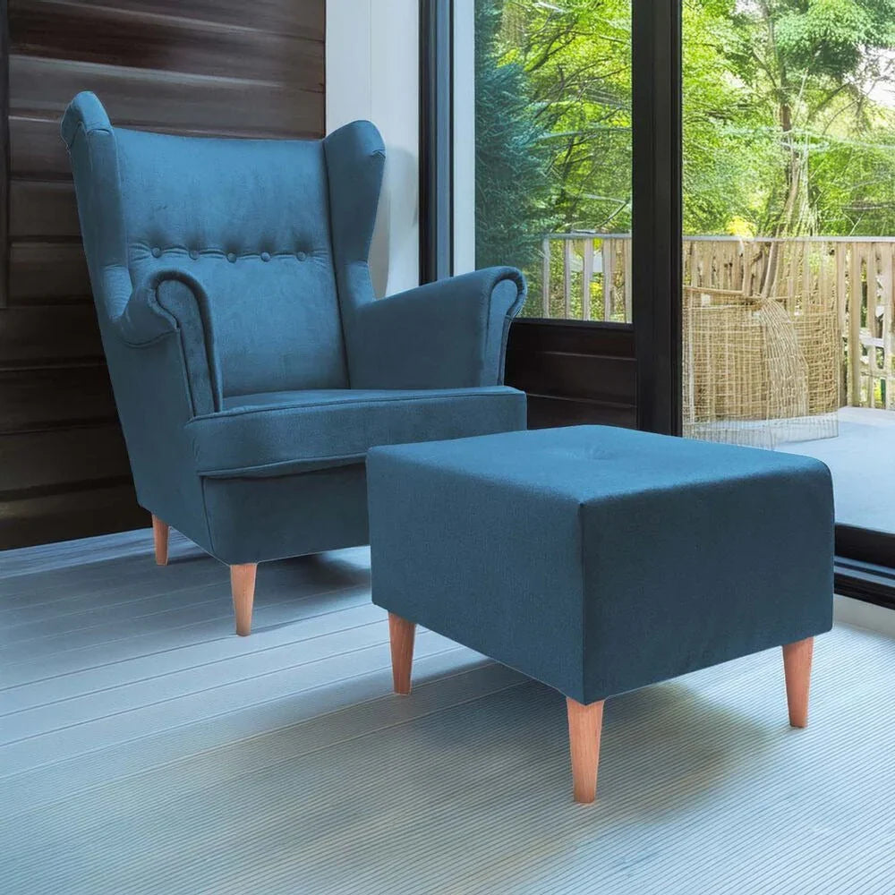 Jane Royal fauteuil met hoge rugleuning en voetenbankje, turquoise