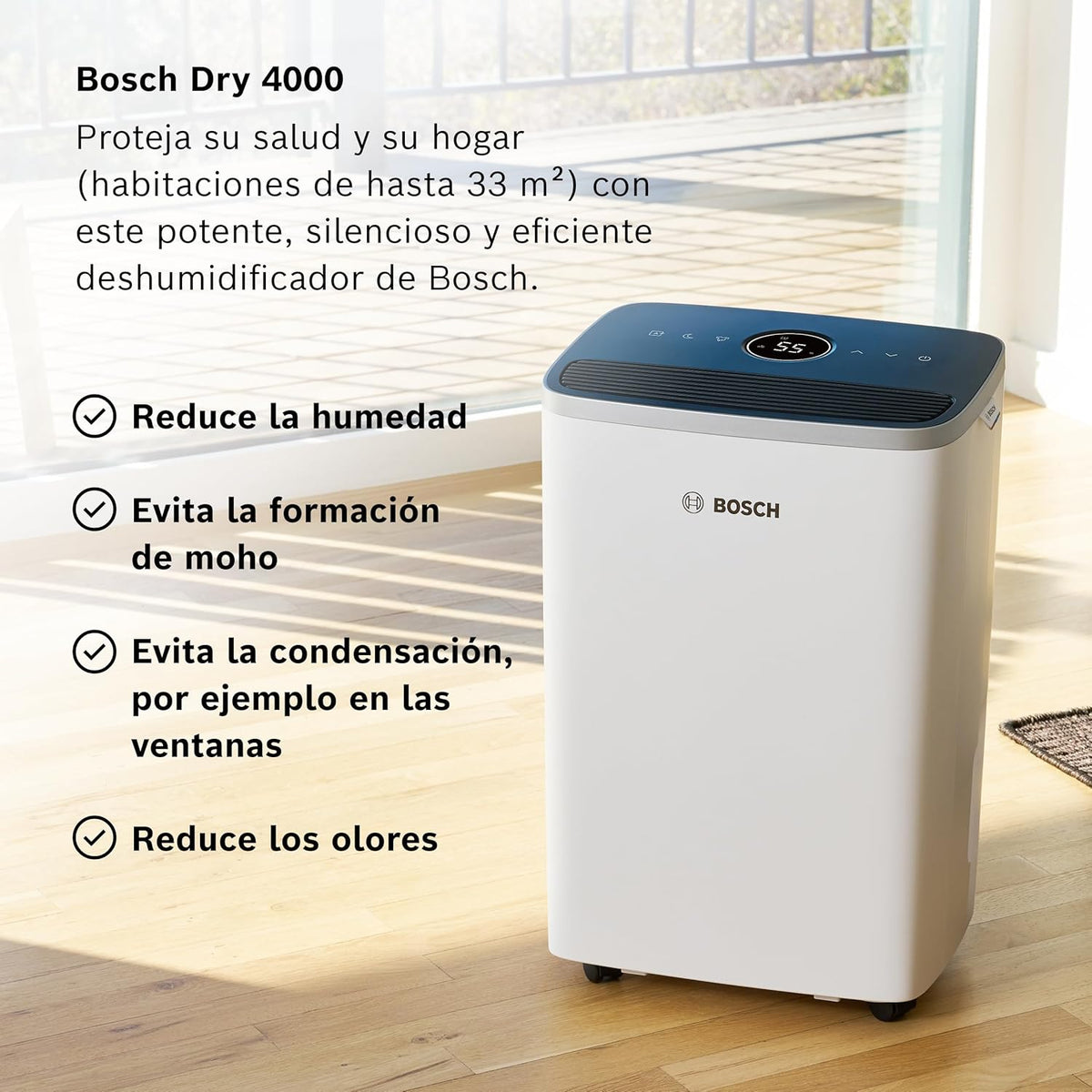 Osuszacz powietrza Bosch Dry 4000 – Prosty. Wydajny. Cichy. Do domu i sypialni – Do pomieszczeń o powierzchni do 33 m² – Szybkie suszenie prania