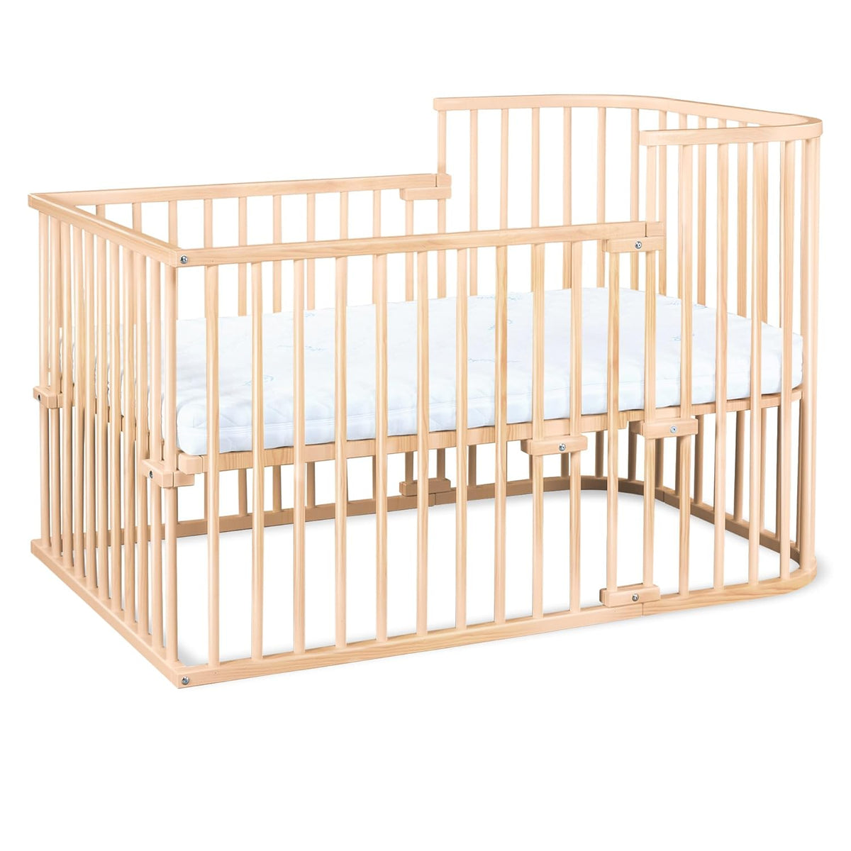 Oryginalne łóżeczko dostawne Babybay z litego drewna bukowego / kompaktowe i rozkładane / płynna regulacja wysokości łóżeczka i przyjazne dla środowiska / rośnie wraz z dzieckiem (lakierowane na biało) / w zestawie materac