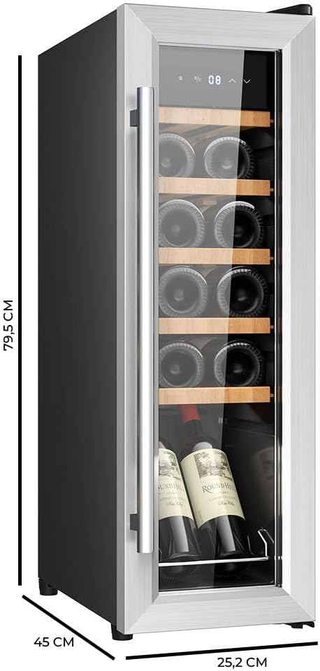 Wolnostojąca lodówka na wino Cecotec Bolero GrandSommelier 1250 CoolWood. Chłodziarka na wino o pojemności 12 butelek, z regulacją temperatury od 8 do 18°C, oświetleniem LED i drewnianymi półkami.