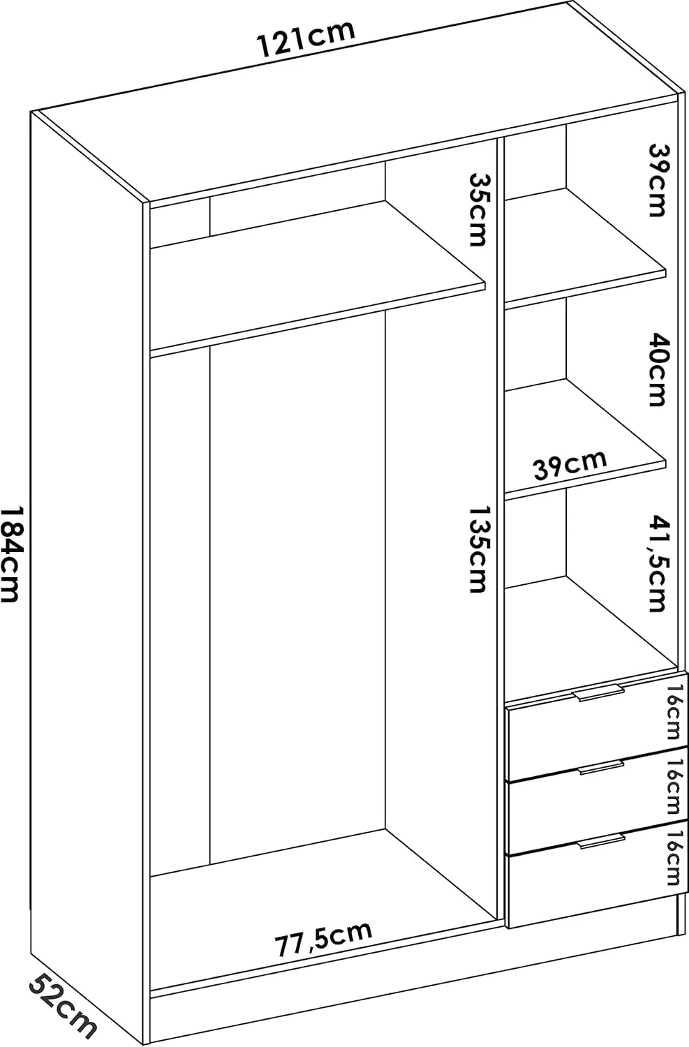 DEKIT GRUPO RIMOBEL Szafa z 3 drzwiami i 3 szufladami - biała - 121X184X52 cm